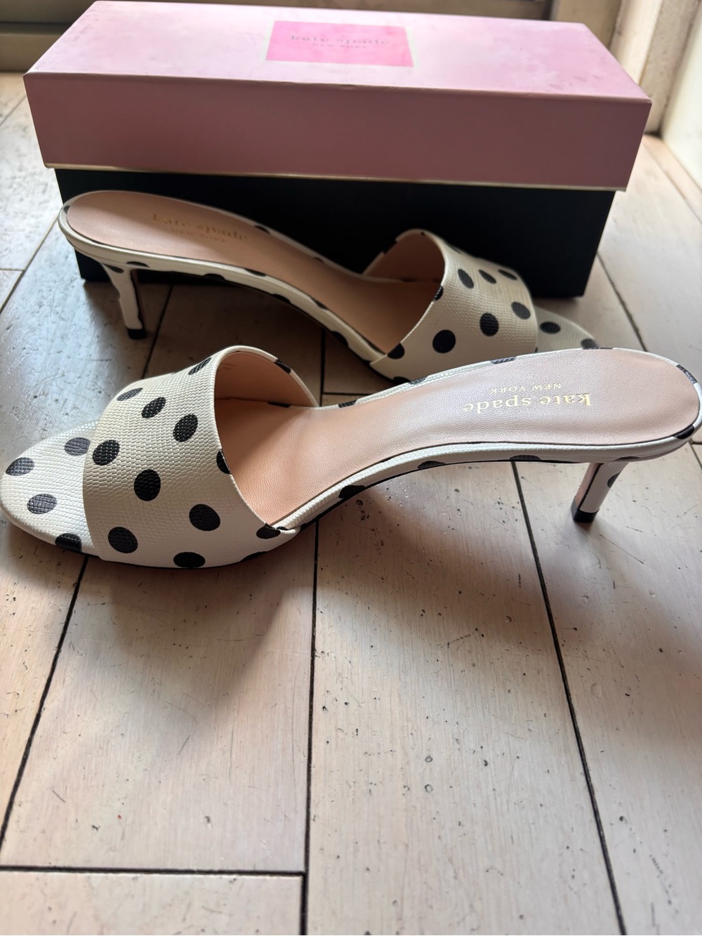 kate spade Cream and Black Polka Dot Slide Mules
